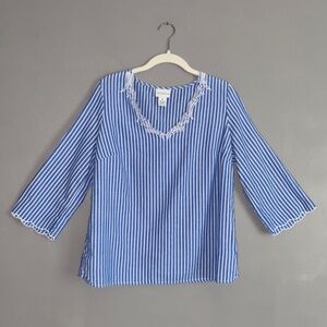 LIZ CLAIBORNE Blue White Stripe Lace Trim Summer Cotton Top Medium 3/4 Sleeves